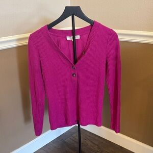 LOFT Fuchsia Ribbed 1/2 Button-Up Long Sleeve
